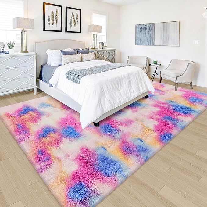 Fluffy Rainbow Colorful Rug for Living Room 5x8 Kawaii Rainbow Tie Dye Area Rug Fuzzy Indoor Floor Unicorn Rug for Bedroom Girls Kids Nursery Baby Princess Room Dorm Home Decor Aesthetic Carpets