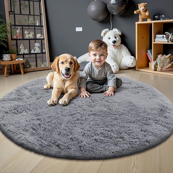 OLANLY Light Grey Round Rugs for Bedroom - Machine Washable, 6 ft Circle Area Rugs for Living Room, Soft and Fluffy Shaggy Carpet for Teen Girls and Boys, Nursery Rooms, Dorms, Home Decor Aesthetic