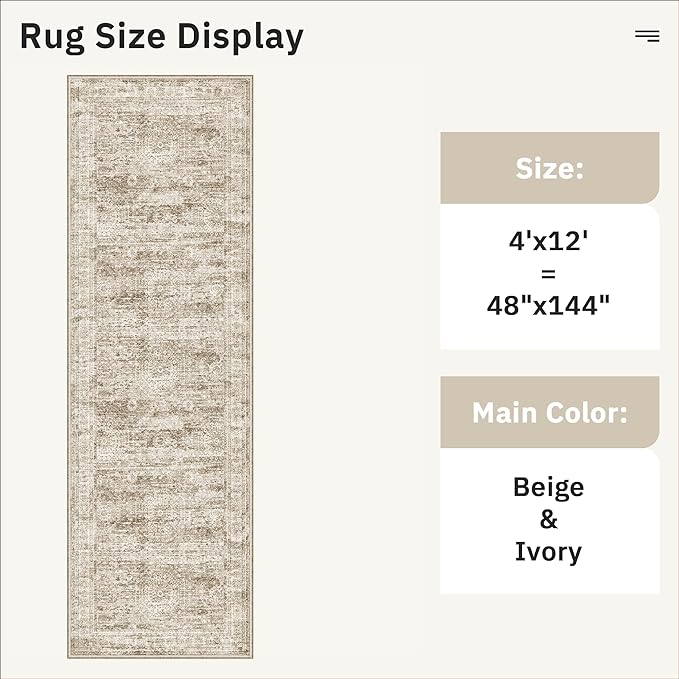 4x12 Wide Hallway Runners: Washable 12ft Runner Rug for Entryway Living Room Soft Vintage Non Slip Carpet Runner for Kitchen Dining Room Nursery Bedroom (Brown, 4x12ft)