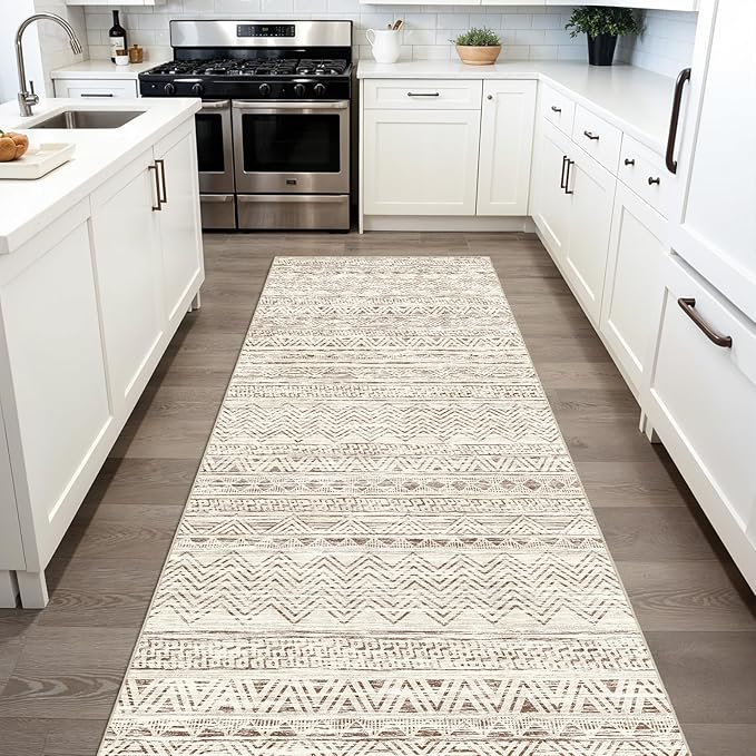 3x6 Washable Hallway Runner Rug - Moroccan Non-Slip Long Runners for Entryway Soft Modern Geometric Low-Pile Rugs for Kitchen Waterproof Neutral Carpet for Bedroom Bathroom Laundry 3x6 Beige