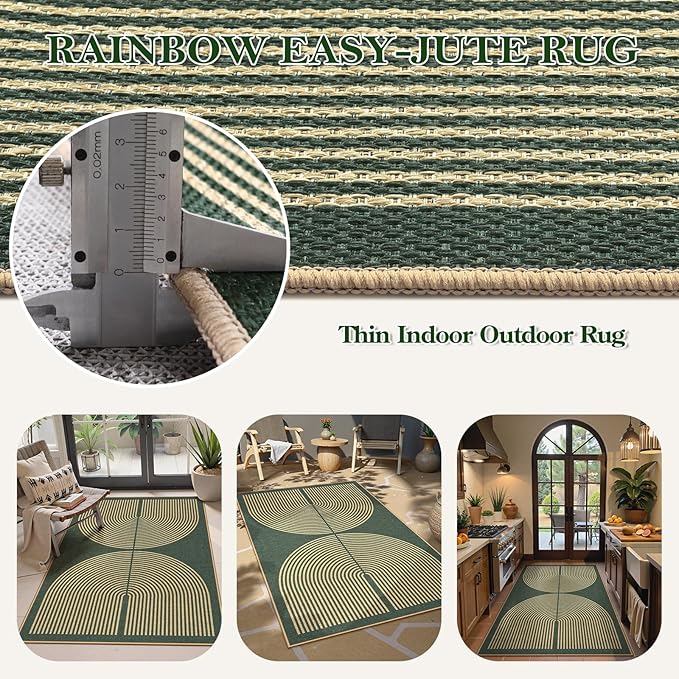 Lahome Enfys Modern Rainbow Easy Jute Entry Rug, 3x5 Washable Outdoor Patio Porch Rug, Farmhouse Non Slip Non Shedding Dark Green Carpet for Dorm Living Room Deck Front Door Kitchen