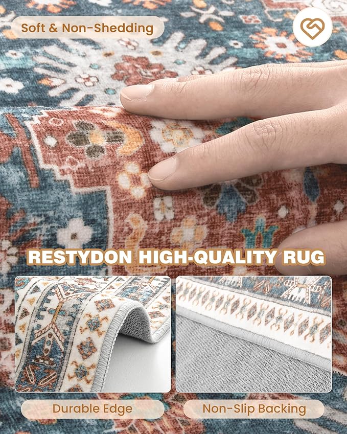 Hallway Runner Rug 2x12, Extra Long Washable Runner Rugs with Rubber Backing, Non Slip Runner, Vintage Rug Runners for Kitchen Laundry Room Entryway (Blue/Red,2'x12')