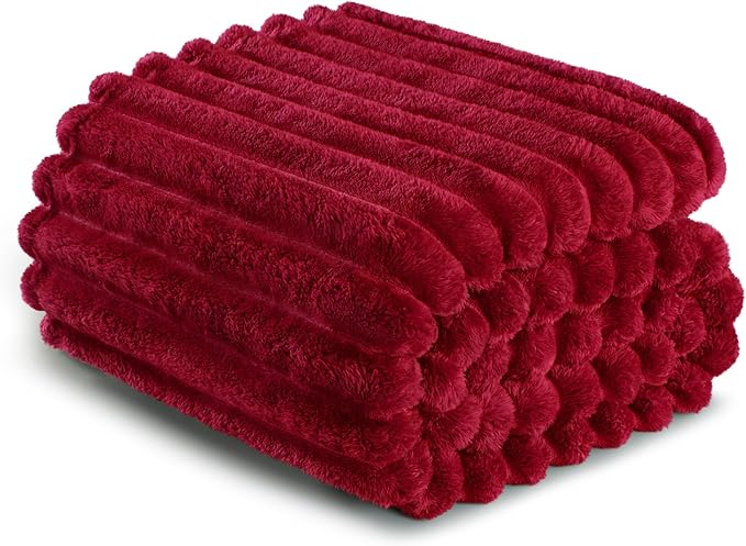 Exclusivo Mezcla Fleece Throw Blanket for Couch, Super Soft Striped Jacquard Bed Blanket, Lightweight Fuzzy Cozy for All Seasons, 50x60 Inches, Deep Red