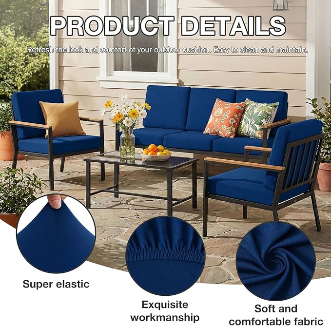 hyha 4Pcs Patio Cushion Covers, Stretch Outdoor Couch Cushion Covers Replacement, Washable Outdoor Chair/Sofa Slipcovers for Patio Furniture Cushions Protector with Elastic Bottom(Navy,Cover Only)