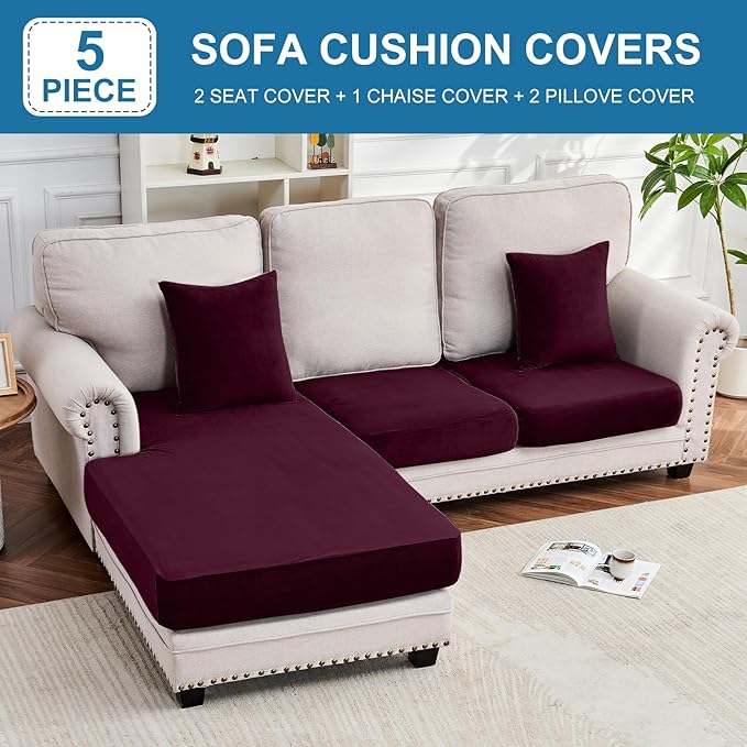 Couch Cover 3-Piece Elastic Velvet Couch Cushion Covers & Chaise Slipcovers for L-Shaped Sofas, Sofa Seat Covers Washable, Soft Cover for Couches (2 Seater + Chaise, Wine)