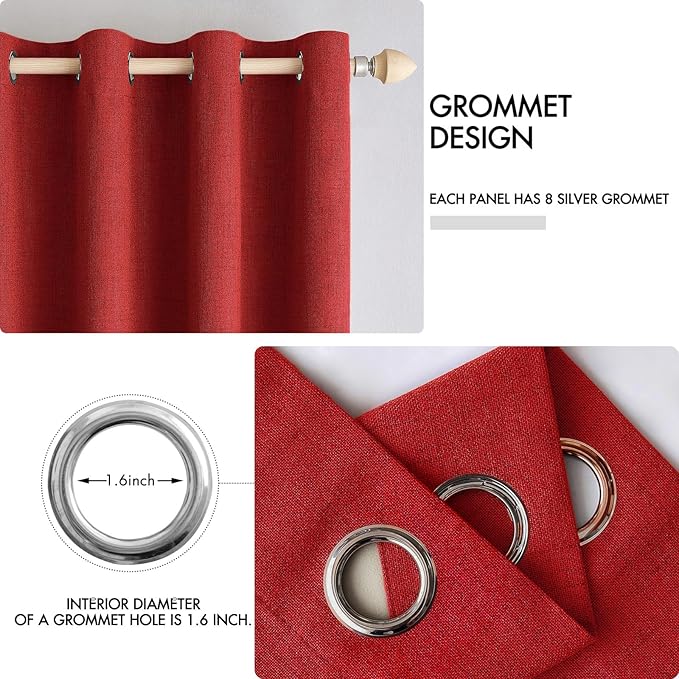 MIULEE 100% Blackout Linen Curtains for Bedroom Thermal Insulated Red Grommet Room Darkening Curtains & Drapes Christmas Decor for Living Room Nursery 52 x 96 Inch (2 Panels)