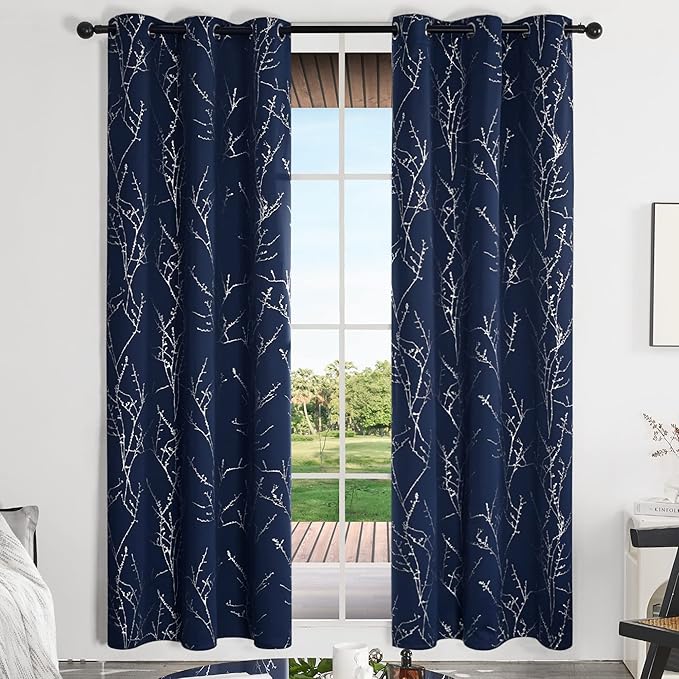 Deconovo Blackout Curtains, Navy Blue Curtain, Thermal Insulated Soundproof Drapes, Branch Silver Print, 42 x 84 Inch Long, Machine Washable Grommet Panels for Bedroom Living Room Office, Set of 2
