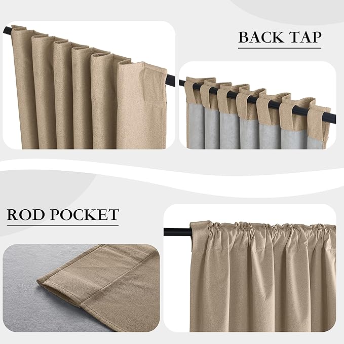 RYB HOME 100% Blackout Flax Linen Curtains 90 Inch Long, Light Block and Thermal Insulated Drapes, Total Blackout Curtains for Living Room/Bedroom/Nursery, 2 Panels, 52 Inch Wide, Mocha