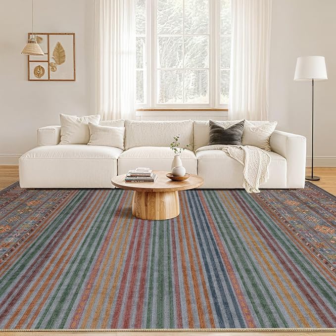 Nakagishi 8X10 Area Rugs Living Room: Washable Large Vintage Rug Neutral Non-Slip Soft Stain Resistant Indoor Carpet for Bedroom Nursery Dining Room Office Playroom - Multi Color