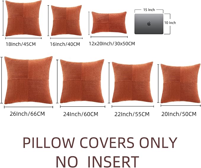 Fancy Homi Set of 2 Burnt Orange Decorative Throw Pillow Covers 20x20 Inch for Living Room Couch Bed, Boho Farmhouse Fall Home Decor, Soft Corss Corduroy Patchwork Textured Cushion Case 50x50 cm