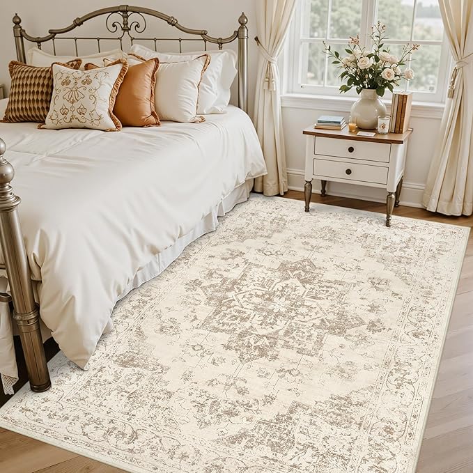6x9 Area Rugs for Living Room: Vintage Boho Neutral Washable Rug Indoor Soft Large Area Rug Carpet for Bedroom Nursery Farmhouse Dining Room Office Floor Non-Slip Low Pile Under Table Rug Beige/Ivory