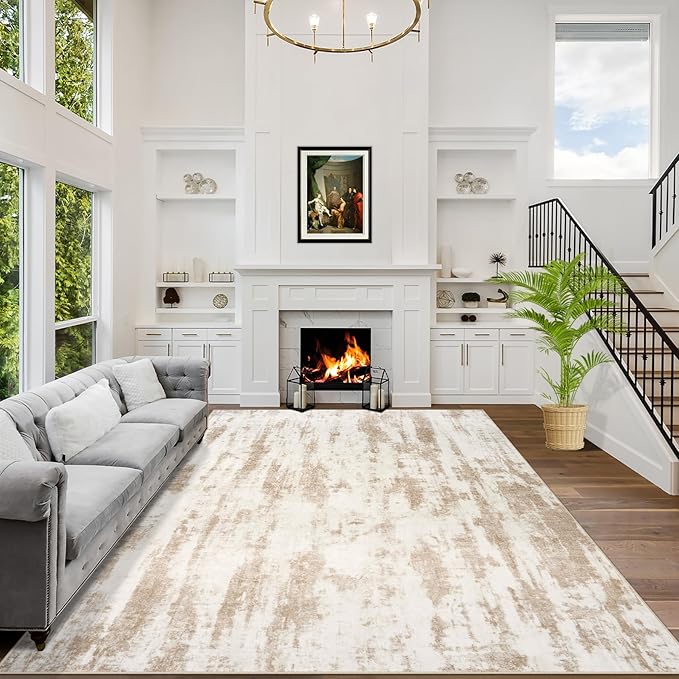 6x9 Area Rugs Washable Rug: Large Modern Abstract Living Room Rug Soft Anti-Skid Thin Carpet Indoor Floor Non-Shedding Carpets for Bedroom Dining Room Farmhouse Nursery Home Office - Brown Ivory