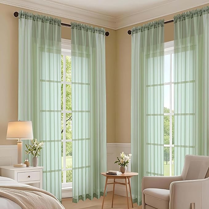 OVZME Sage Green Sheer Curtains 63 Inches Long 2 Panels Set, Light Filtering Sheer Curtains for Living Room Bedroom 59 Inch Extra Wide, Modern Voile Filmy Rod Pocket Window Drapes, 59Wx63L Inches