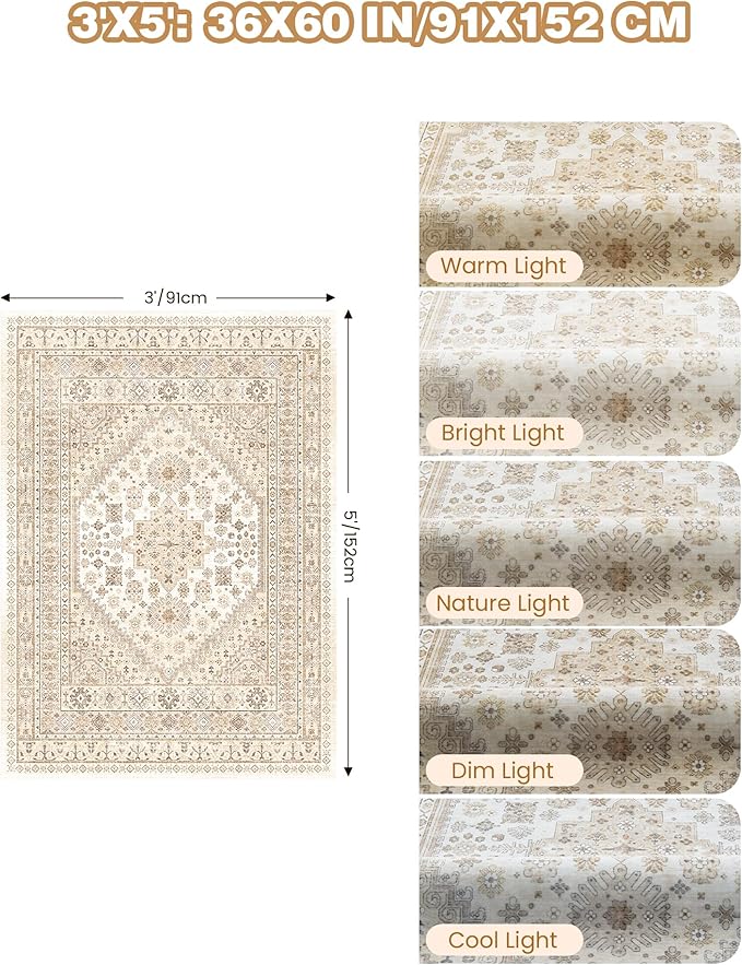 3x5 Washable Area Rug for Entryway, Kitchen Rugs Non Slip for Dining Room, Vintage Floral Soft Living Room Rug, Thin Area Rug Indoor for Bedroom, Kids Room Decor(Cream/Beige,3'x5')