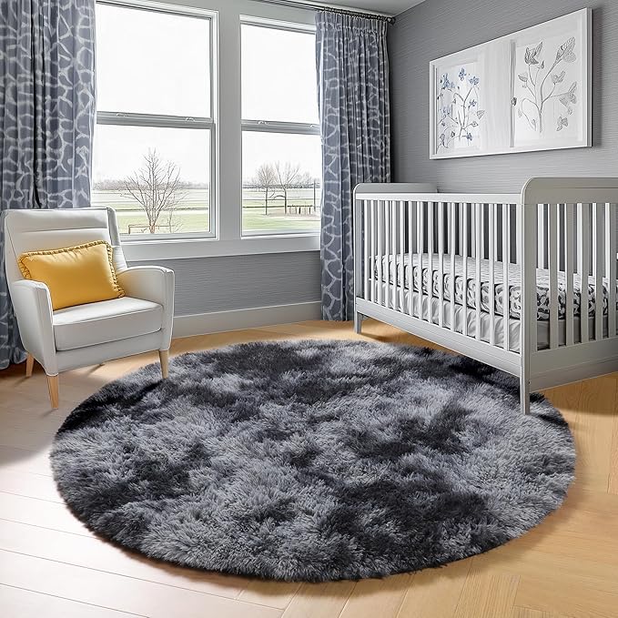 ONASAR Tie-Dyed Dark Grey Round Area Rug 4ft, Ultra Soft Bedroom Circle Rugs for Kids Girls Boys Teen, Fluffy Plush Shaggy Carpet Floor Mats for Nursery Dorm Living Room Office Home Decor