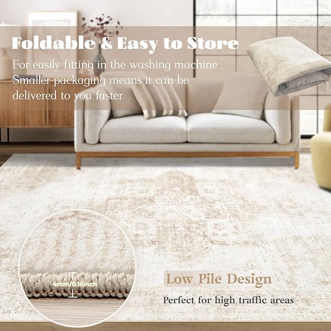 Area Rug 6x9 Washable Rug, Vintage Boho Medallion Rugs Non-Slip Soft Low Pile Large Distressed Rug Indoor Retro Carpet for Living Room Bedroom Dining Room Home Office (Beige, 6'x9')