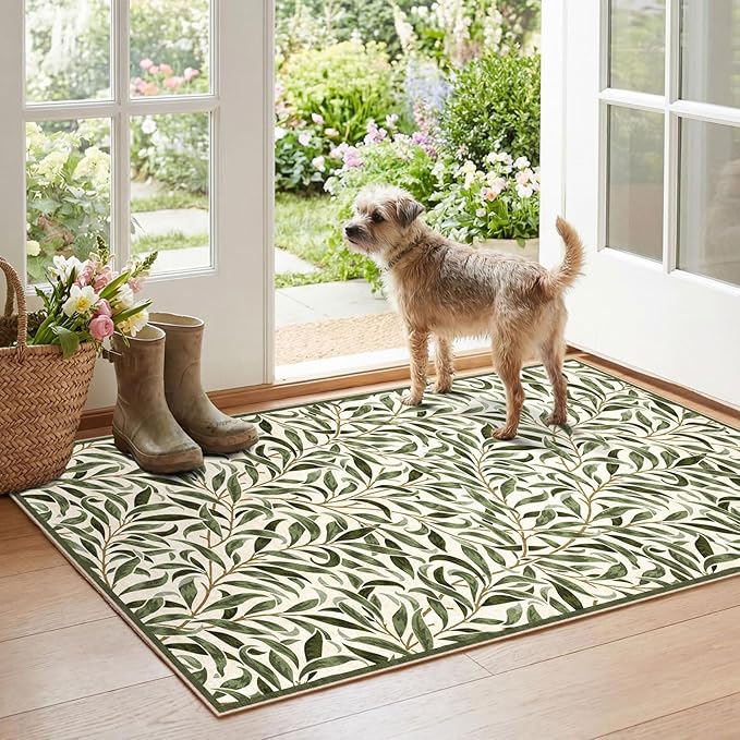 Boho Outdoor Rug - 28" x 43" Front Door Mat Indoor Outside Entrance Non-Slip Washable Outdoor Mat Spring Sage Green Leaf Rug for Entryway Kitchen Bedroom Layered Doormat for Front Porch
