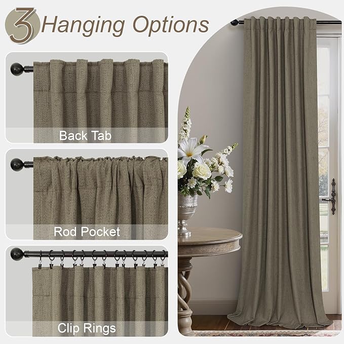 Linen Brown Curtains for Bedroom 84 Inch Long 2 Panel Burg 100% Blackout Back Tab Pleated Look Drape Light Blocking Thermal Insulated Burlap Farmhouse Black Out Curtain for Living Room 52x84 in Length