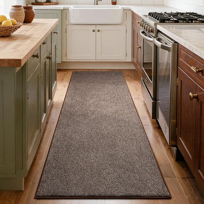 FinRèc 2x6 Washable Runner Rugs for Kitchen Hallway Bedroom, Low Pile Thin Rug Solid Color, Non-Slip Carpet Indoor for Home Decor (Brown)