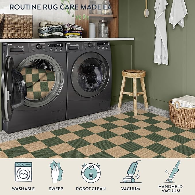 Lahome Colette Checkered Outdoor Runner Rug, 2x8 Green Kitchen Runner Rugs for Non Skid Washable Entryway Carpet, Checkerboard Non Slip Non Shedding Carpet for Bedroom