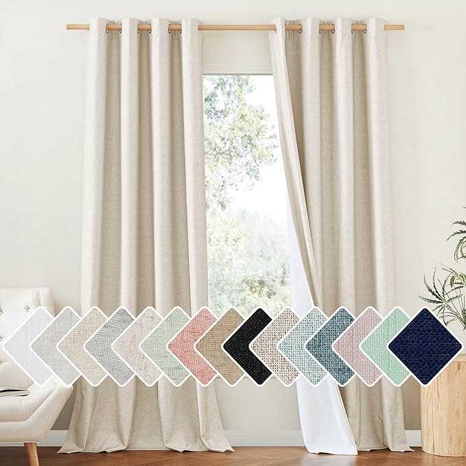 NICETOWN 100% Absolutely Blackout Linen Curtains with Thermal Insulated White Liner, 52" W, 2 PCs, Beige, 95" Long Drapes Sweep The Floor Decorative Keep Privacy Panels for Living Room/Villa/Bedroom