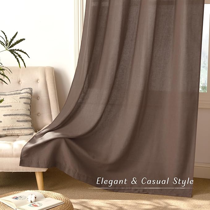 NICETOWN Linen Brown Curtains 84 inch Long, Grommet Privacy Added Thick Flax Window Treatments with Light Filtering Drapes for Bedroom/Farmhouse, W55 x L84, 2 Panels