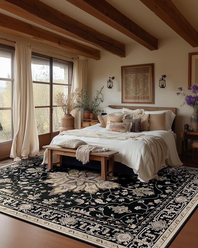 RELEANY Area Rugs 8'x10' Washable Non-Slip, Floral Vintage Distress Print Pattern Medallion Carpet for Living Room Bedroom Dining Room, Black Brown Neutral Dark Tan