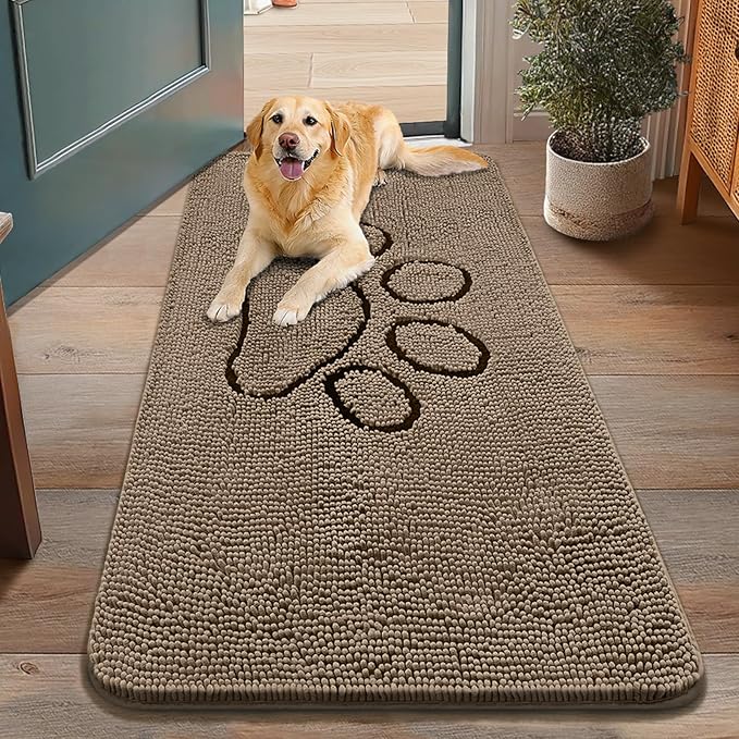 Smiry Dog Door Mat for Muddy Paws, Absorbent Dirt Trapper Non Slip Quick Dry Washable Chenille Mat for Mud Dogs, Entry Rug for Indoor and Outdoor (48x30 Inches, Camel and Black)