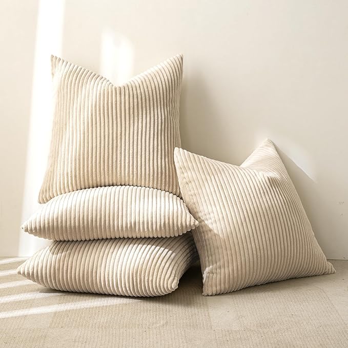 MIULEE Boho Farmhouse Throw Pillow Covers 18x18 Inch Set of 4 Mordern Nordic Cushion Covers Soft Corduroy Spring Home Decor for Couch Bed Sofa Living Room Beige
