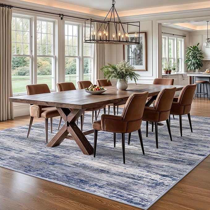 KOZYFLY Rugs for Living Room 8x10 Modern Ombre Living Room Area Rug, Washable Large Thin Rugs Non-Slip Soft Striped Rug for Bedroom, Print Grey-Blue Abstract Carpet for Laundry/Kid Room