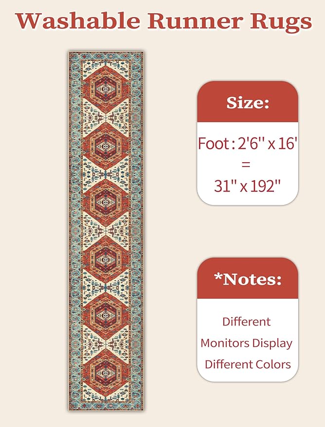 SERISSA Runner Rug for Hallways, 2'6"x16' Washable Non Slip Kitchen Runner Rug, Extra Long Boho Rug Ultra Soft Vintage Orange Print Floor Carpet for Bedroom Hallway Entryway Bathroom Laundry Room