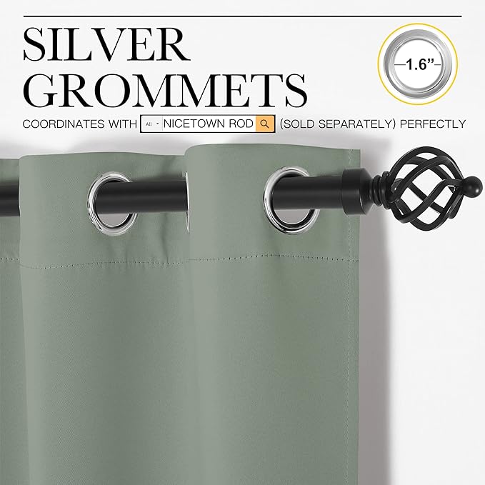NICETOWN Window Curtain Panels, Thermal Insulated Solid Grommet Blackout Draperies/Drapes for Basement (Greyish Green, 1 Pair, 34 by 84-inch)