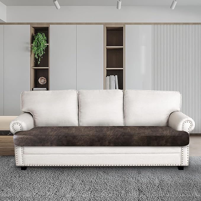 Leather Look Couch Cushion Covers Sofa Seat Slipcovers Sets Couches Furniture Protector for Sectional Armchair Loveseat Pets Kids Stretch Spandex Fabric (1 T-Cushion Sofa, Brown)