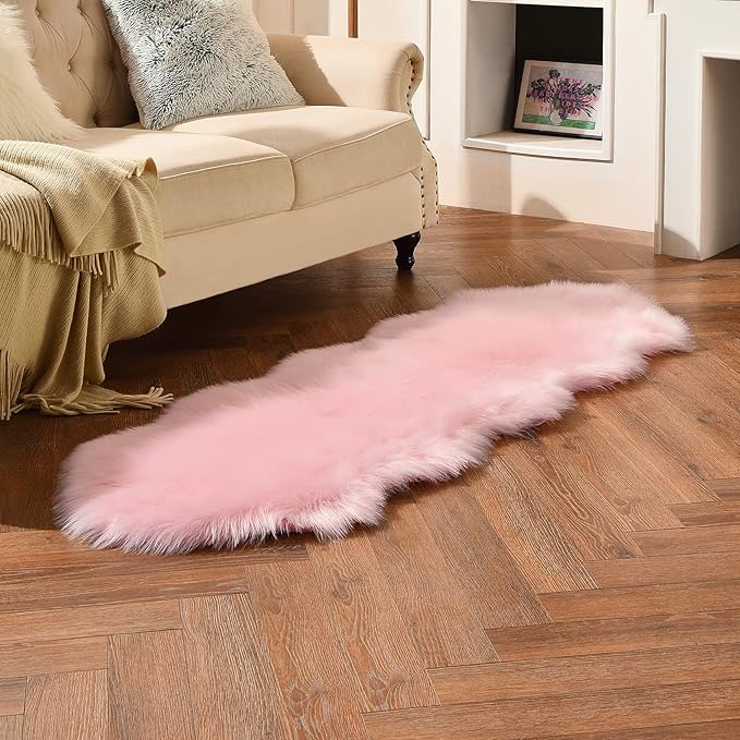 duduta Pink Faux Sheepskin Runner Rugs 2x6 ft, Fluffy Shag Bedroom Rug Fur Couch Sofa Covers Washable
