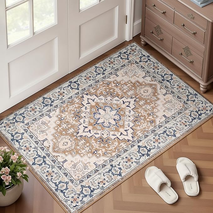 Lofus 2x3 Washable Rug for Entryway Bathroom, Non Slip Kitchen Mats for Floor, Vintage Soft Door Mat Indoor Entrance, Small Area Rugs, Farmhouse Carpet for Entry Living Room Bedroom, Floral Brown