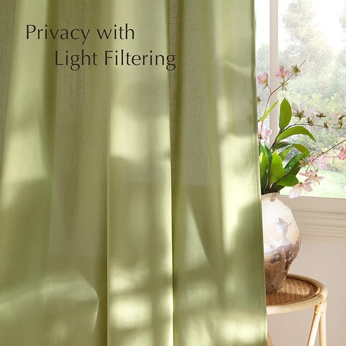 NICETOWN Fresh Green Linen Farmhouse Curtains 96 inches Long, Grommet Thick Flax Semi Sheer Window Treatments Privacy Assured with Light Filtering for Bedroom, W55 x L96, 2 Panels