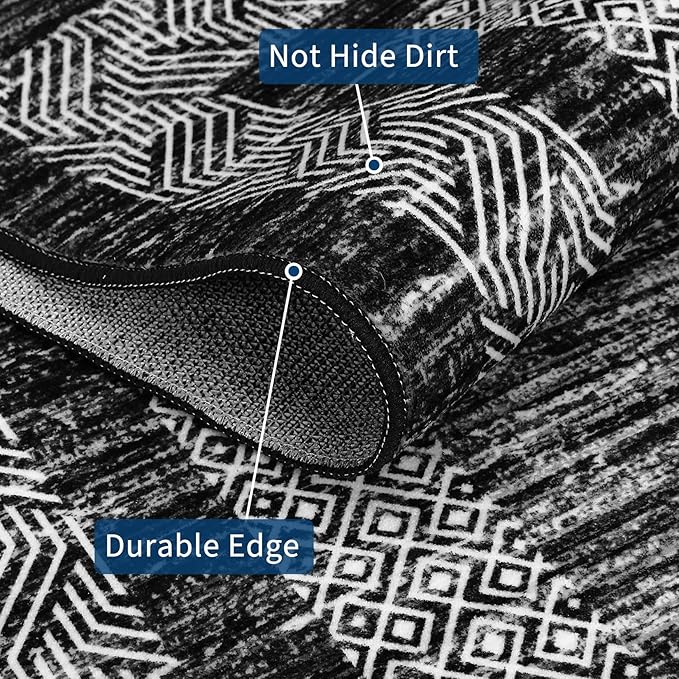 GarveeHome Washable Rug 5x7 Modern Bordered Rug with Non Slip Rubber Backing, Low Pile Thin Carpet, Soft Non Shedding Floor Covering, Foldable Printed Carpet for Living Room Bedroom, Black
