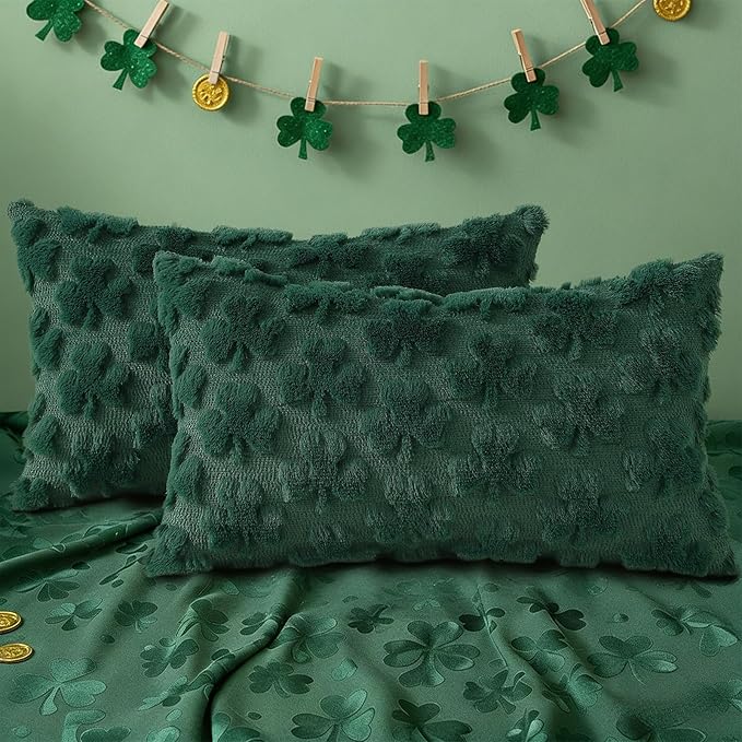 decorUhome St. Patrick’s Day Shamrock Green Pillow Covers 12x20 Inch Set of 2, Soft Plush Faux Wool Throw Pillow Covers, Farmhouse Spring Holiday Decor for Sofa Living Room