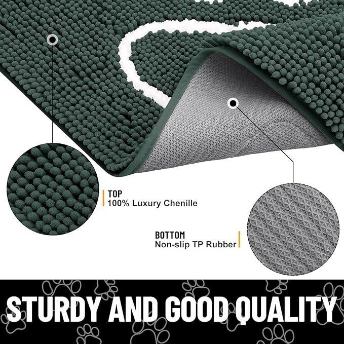 Smiry Dog Door Mat for Muddy Paws, Absorbent Dirt Trapper Non Slip Quick Dry Washable Chenille Mat for Mud Dogs, Entry Rug for Indoor and Outdoor (70x24 Inches, Green and White)
