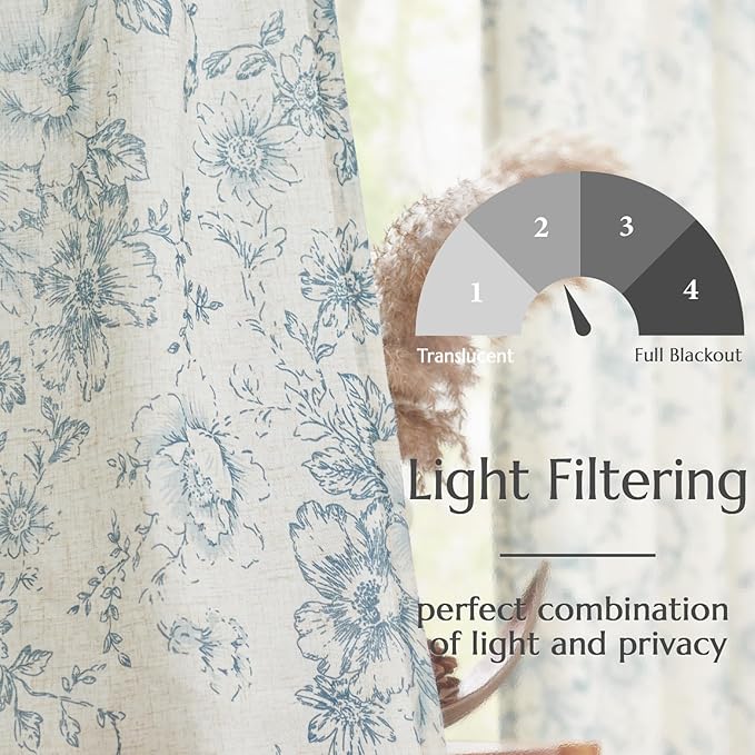 jinchan Linen Floral Curtains 100 Inch Extra Wide for Patio Sliding Glass Door Room Divider Curtain for Living Room 108 Inch Length Farmhouse Peony Blue Printed Curtain Set 1 Panel