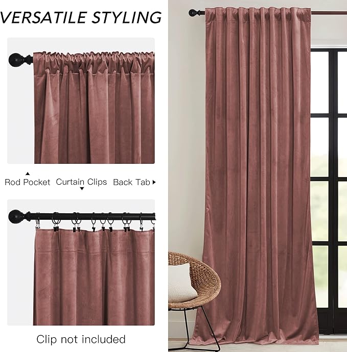 RYB HOME Pink Velvet Curtains 72 inches with Hook Belt, Soft Fabric Room Darkening Thermal Insulated Luxurious Home Decor Curtains for Living Room Bedroom, W 52" x L 72", 2 Panels Set