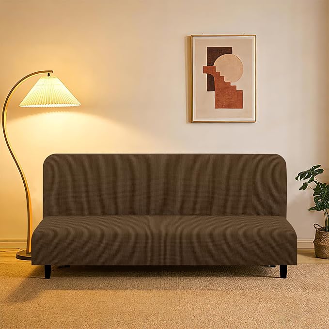U-NICE HOME Stretch Futon Cover Armless Bed Slipcover - Soft Jacquard Fabric Washable for Pet Friendly, Brown