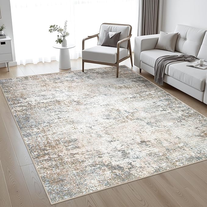 4x6 Area Rug Living Room Rug: Washable Modern Abstract Soft Thin Rug Indoor Floor No Slip Stain Resistant Carpet for Bedroom Dining Room Farmhouse Nursery Home Office - Brown Grey