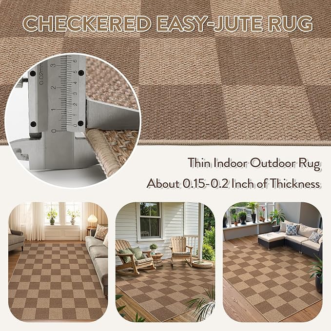 Lahome Colette Checkered Easy Jute Living Room Rugs, 5x7 Large Dining Room Office Carpet Farmhouse Washable Area Rug, Checkerboard Neutral Non Slip Indoor Outdoor Carpet for Bedroom Entry Patio