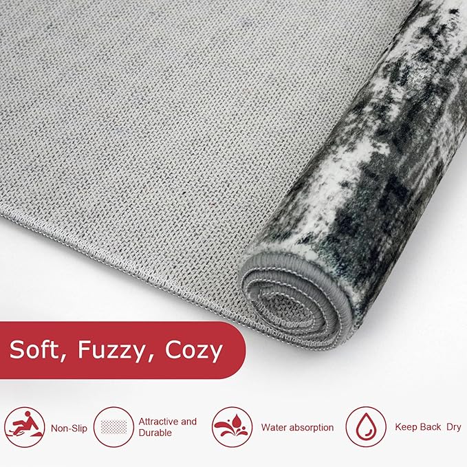 KOZYFLY 3x10 Ft Rug Modern Ombre Runner Rug for Hallway, Washable Kitchen Rugs Non-Slip Soft Striped Entryway Rug, Print Black Grey Abstract Carpet for Laundry Nursery