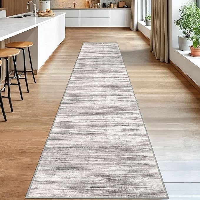 KOZYFLY Modern Abstract Washable Rug Runner 2.6x14 Hallway Rug Runner Non-Slip Soft Kitchen Runner Rugs, Grey/Light Beige/Brown Striped Carpet for Entryway Bathroom