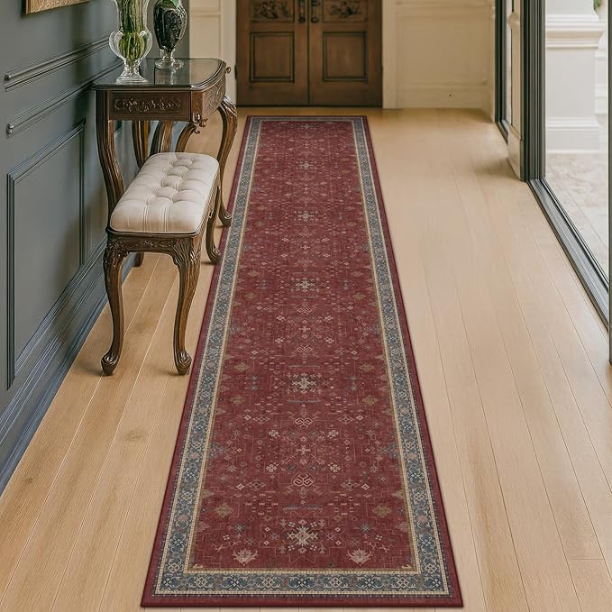 Hazo Haus Non Slip 10ft Long Hallway Runner Rug Burgundy - 2 x 10 Runner Rug, Washable & Waterproof 2x10 Kitchen Floor Mat - Oriental Turkish Dark Red Design Décor