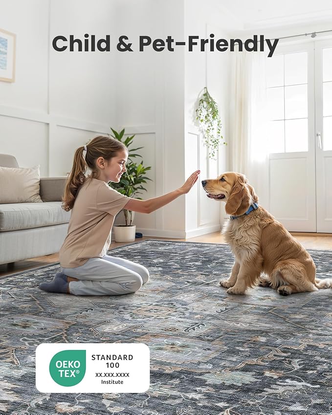 AMADA HOMEFURNISHING 9x12 Washable Area Rug, Low-Profile Large Area Rug with Non-Slip Backing & Durable Edge Binding, Vintage Large Rugs for Living Room, Bedroom & Dining Room