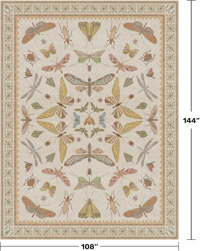 Hazo Haus Beige Dining Table Rug - 6x9 Area Rugs for Bedroom, Living Room, Cute Kids Room, Large Fun Insect Butterfly Vintage Non-Slip Décor, Low Pile Stain Resistant