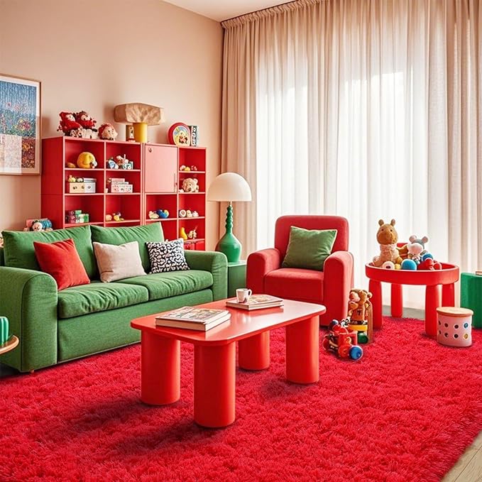 Pionblank 9x12 Area Rug for Living Room, Shag Large Rug for Bedroom, Soft Furry Non Slip Carpet for Kids Room Nursery Teens Dorm Home Decor, Red